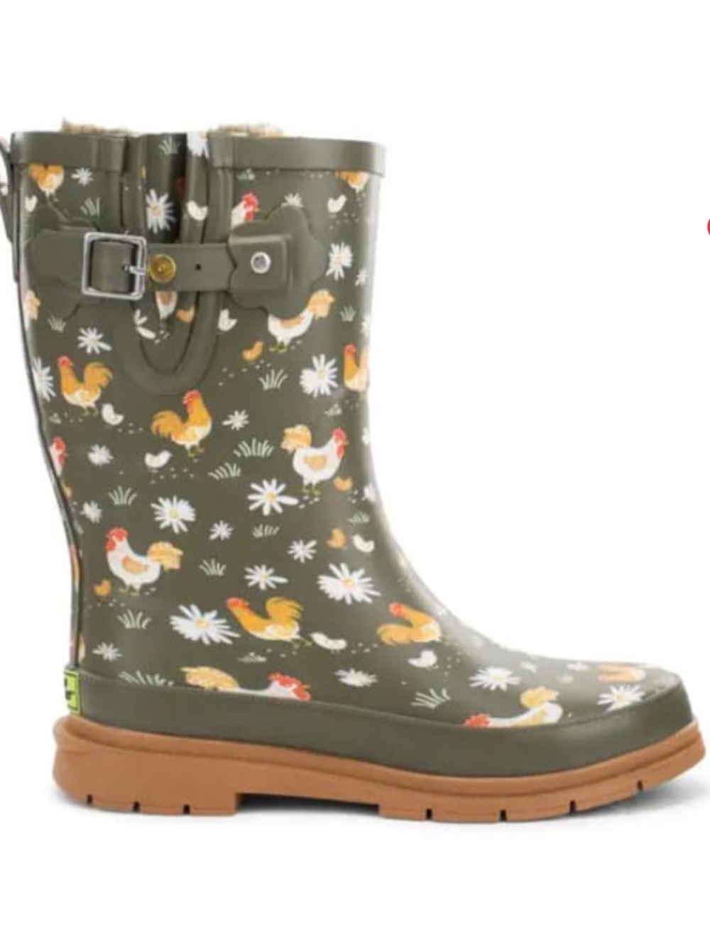 Olive Green Chicken Rooster Print Sherpa Lined Rain Boot